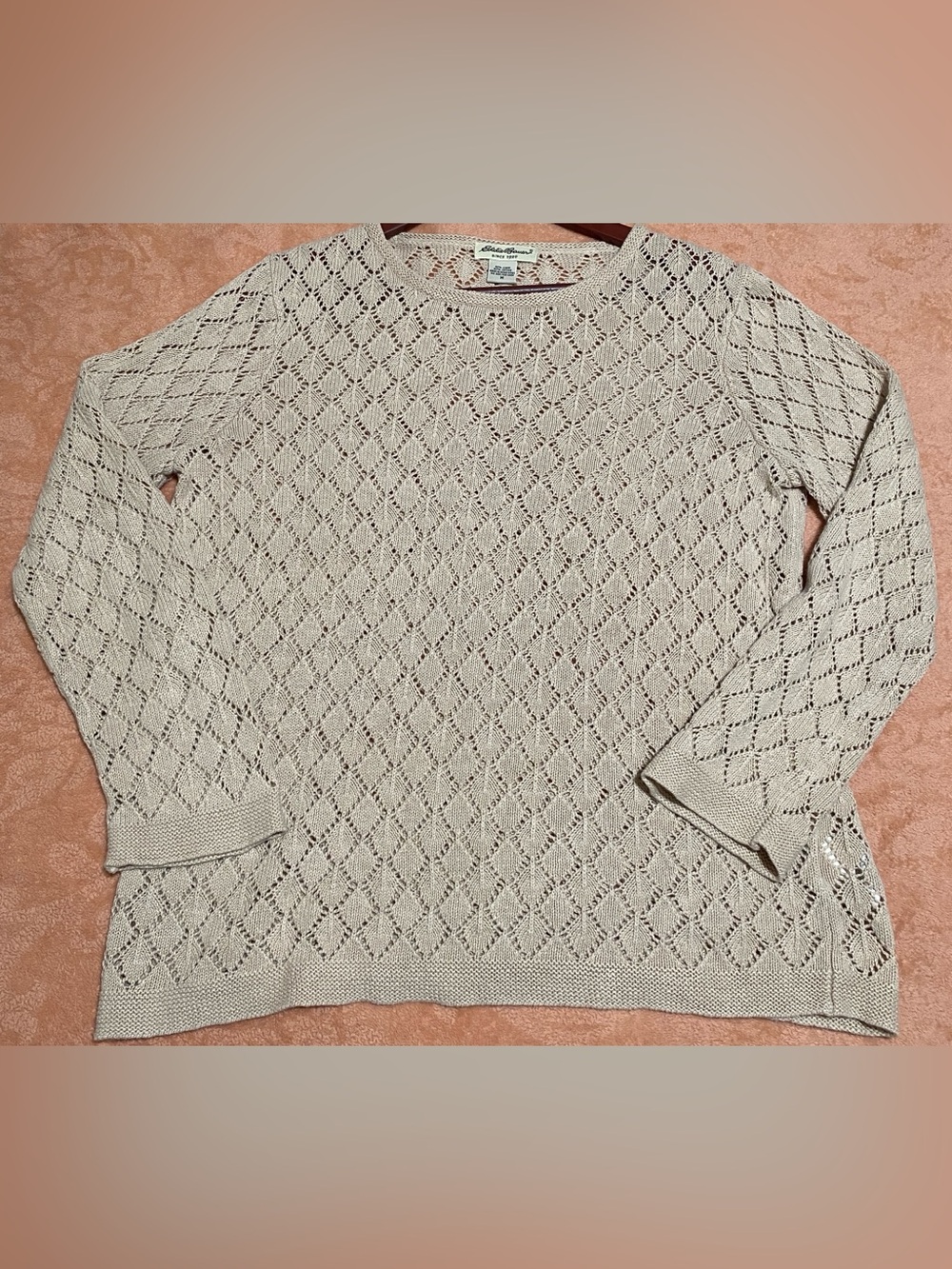 Eddie Bauer Linen Cotton Pointelle Knit Sweater Beige Diamond Pullover Medium